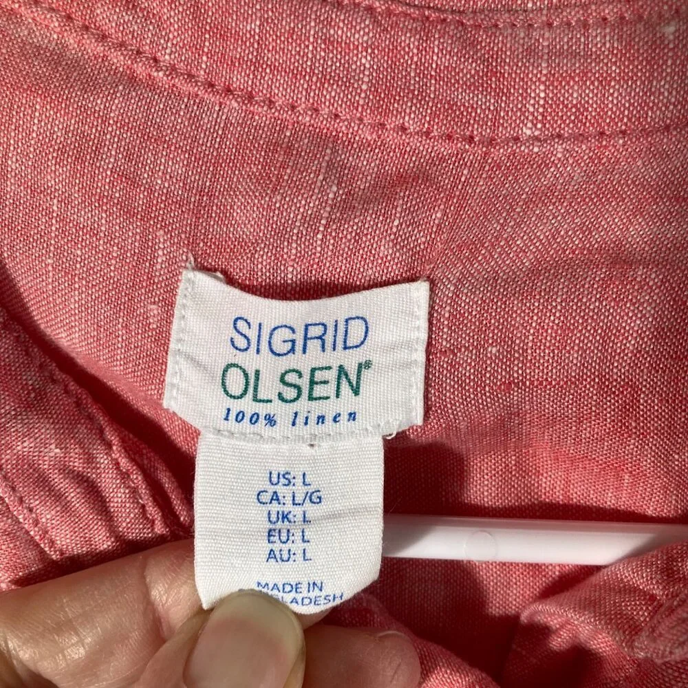 Womens Sigrid Olsen Linen V Neck Pullover 1/4 Button Tunic Peach L Roll Tab Slee - Picture 8 of 9